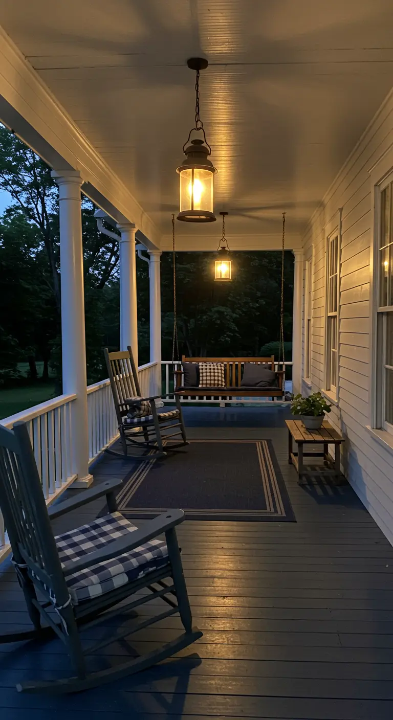 Classic white front porch with blue floor, rocking chairs, and hanging lanterns.