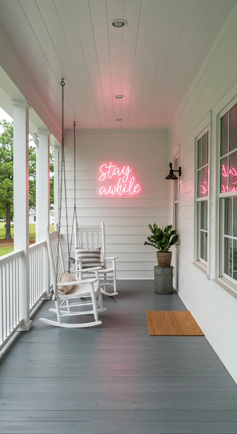 A white front porch with rocking chairs and a pink neon sign that says 'Stay awhile'.