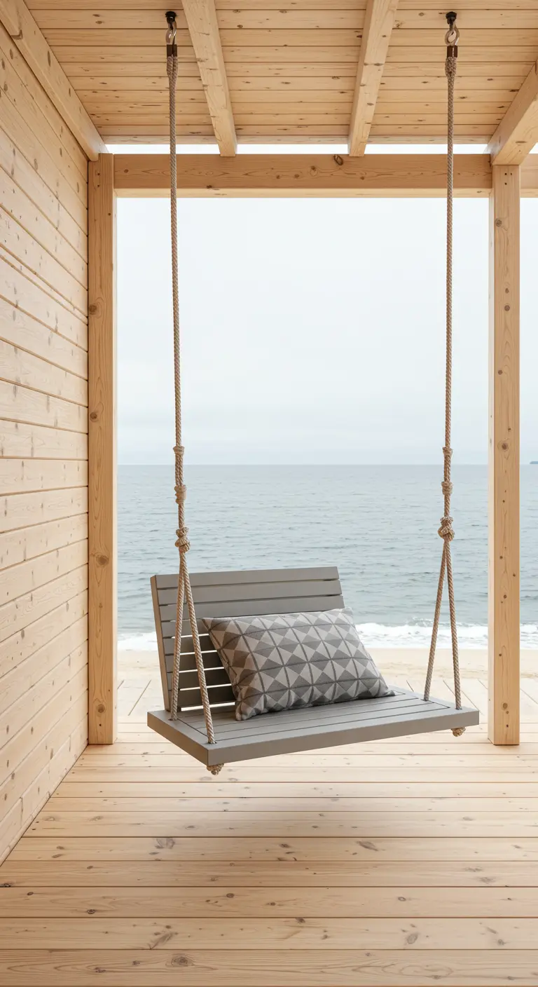 A modern grey wooden swing with a geometric pillow, hanging in a light wood beach cabana.