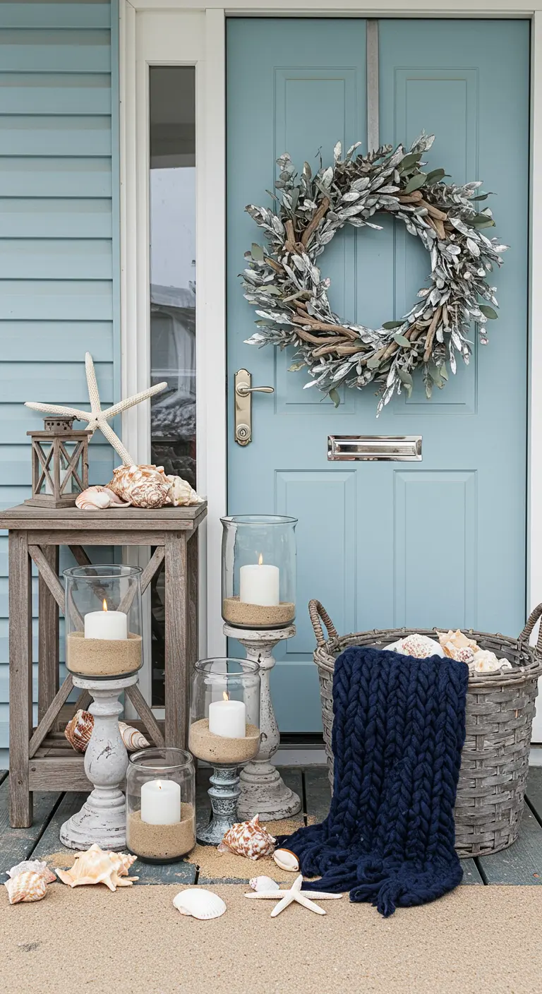 A coastal-themed winter porch with a blue door, a driftwood wreath, and lanterns filled with sand.