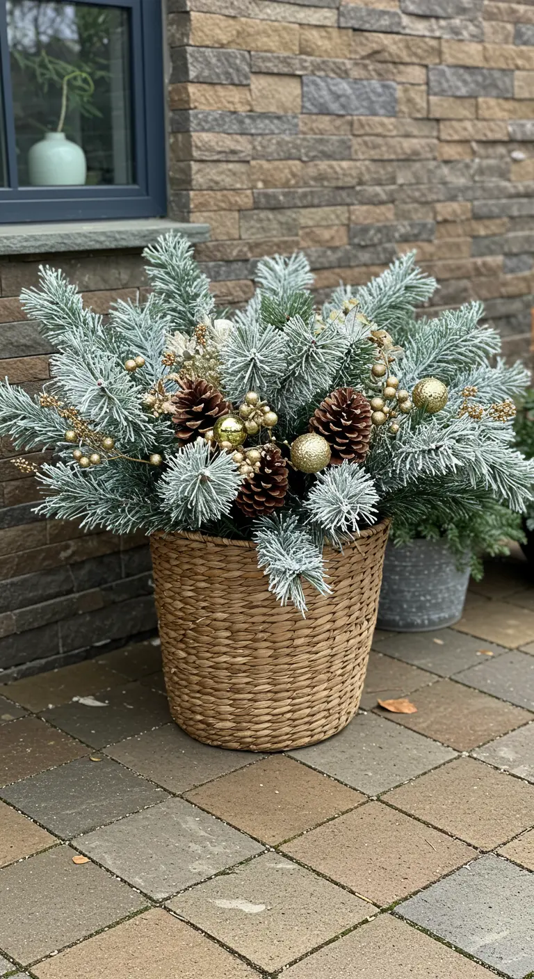 A woven basket filled with flocked pine branches, pinecones, and gold ornaments.