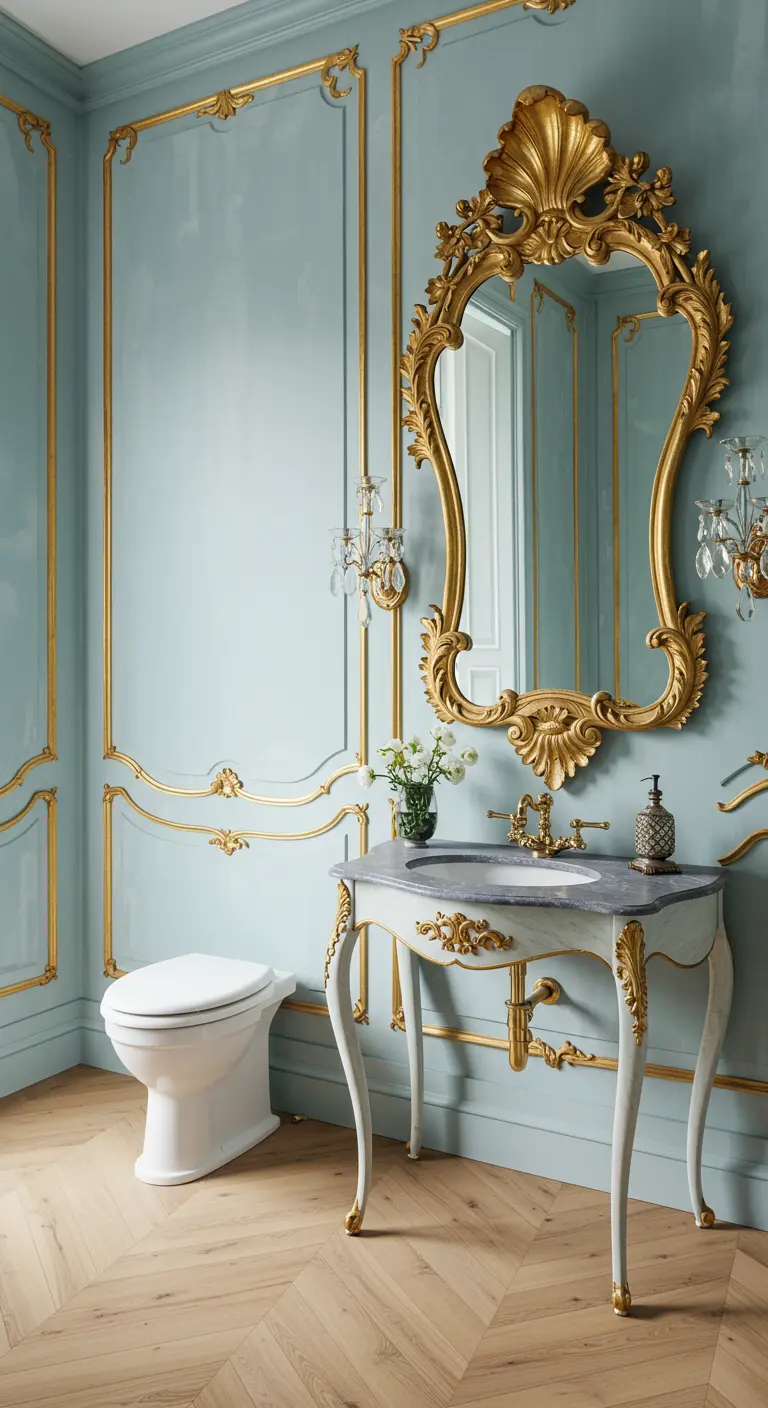 Blue-green powder room with gold-leaf accented wall moulding and an ornate gold mirror.