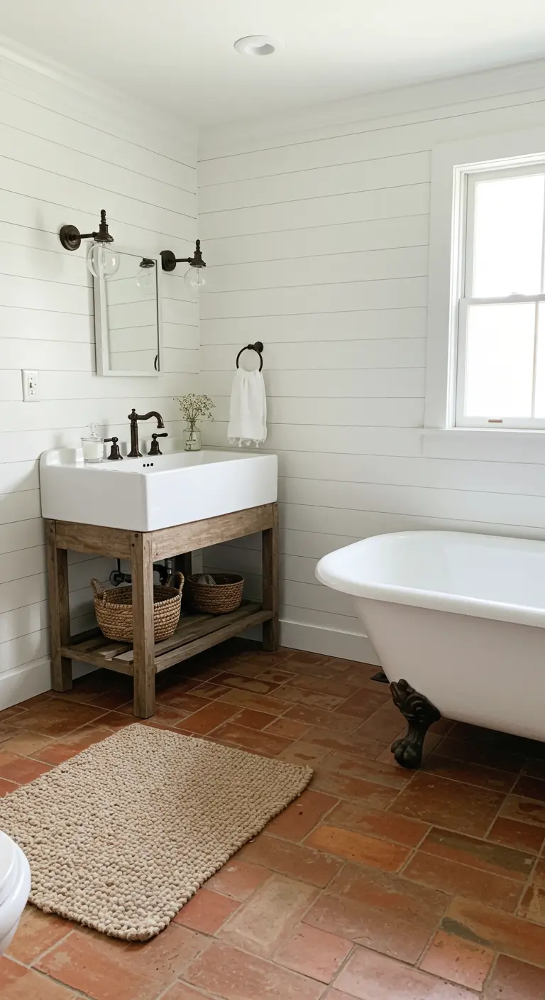 Farmhouse bathroom with white shiplap walls, a rustic vanity, and a clawfoot tub.