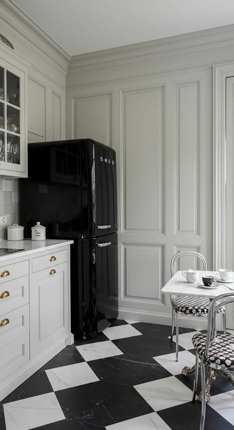 Elegant kitchen with grey paneled walls, a black retro fridge, and a marble checkerboard floor.