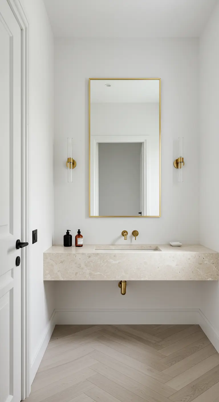 Minimalist powder room with a floating stone vanity and simple gold fixtures.