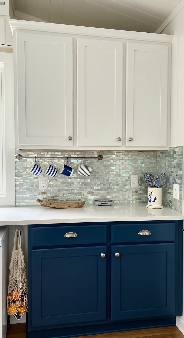 Navy and white kitchen cabinets with a shimmering, iridescent mosaic tile backsplash.