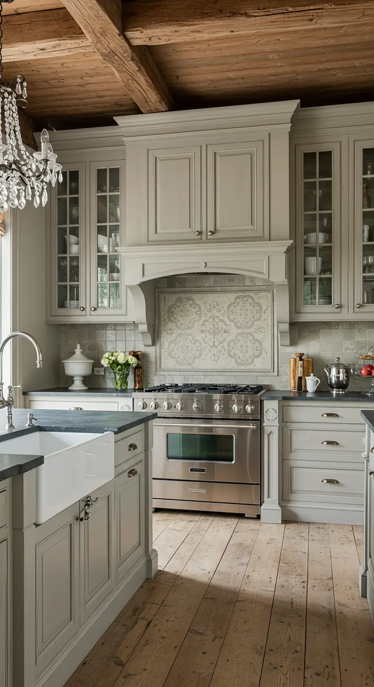 Elegant rustic kitchen with a crystal chandelier and grey cabinets.