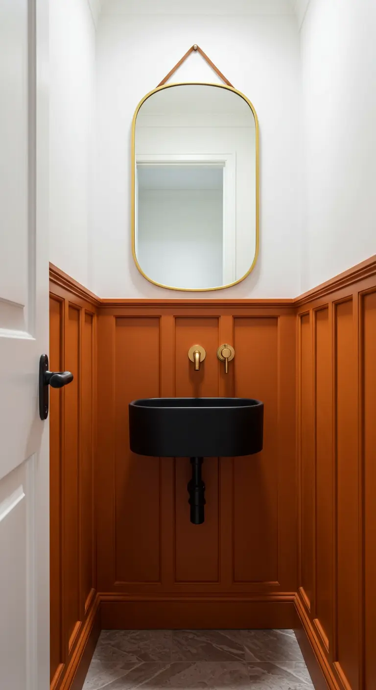 Powder room with burnt orange wainscoting and a black sink.