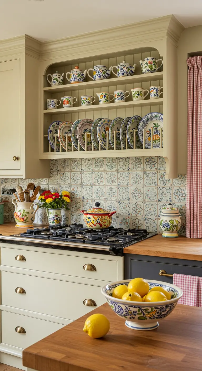 Buttermilk kitchen with a detailed, patterned tile backsplash behind the stovetop.