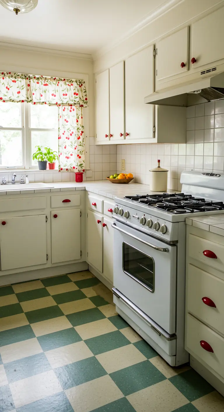 Cottage kitchen with white cabinets, red knobs, a green checkerboard floor, and a cherry valance.