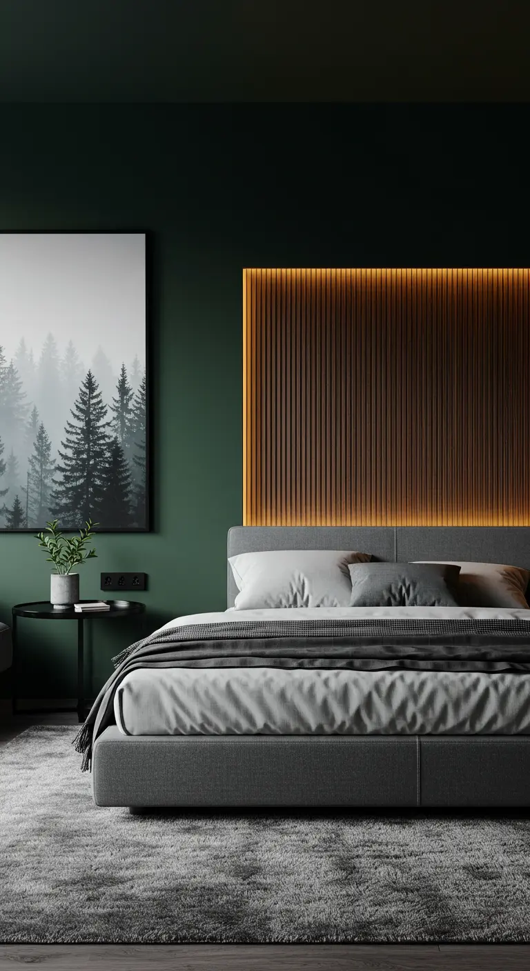 Modern bedroom with a green wall and a backlit slatted wood panel behind the grey bed.