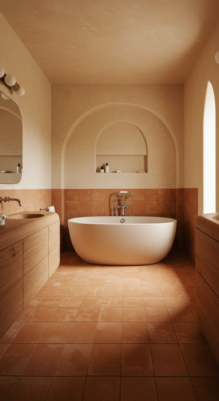 Minimalist bathroom with a large arched niche above the tub and terracotta tile wainscoting.