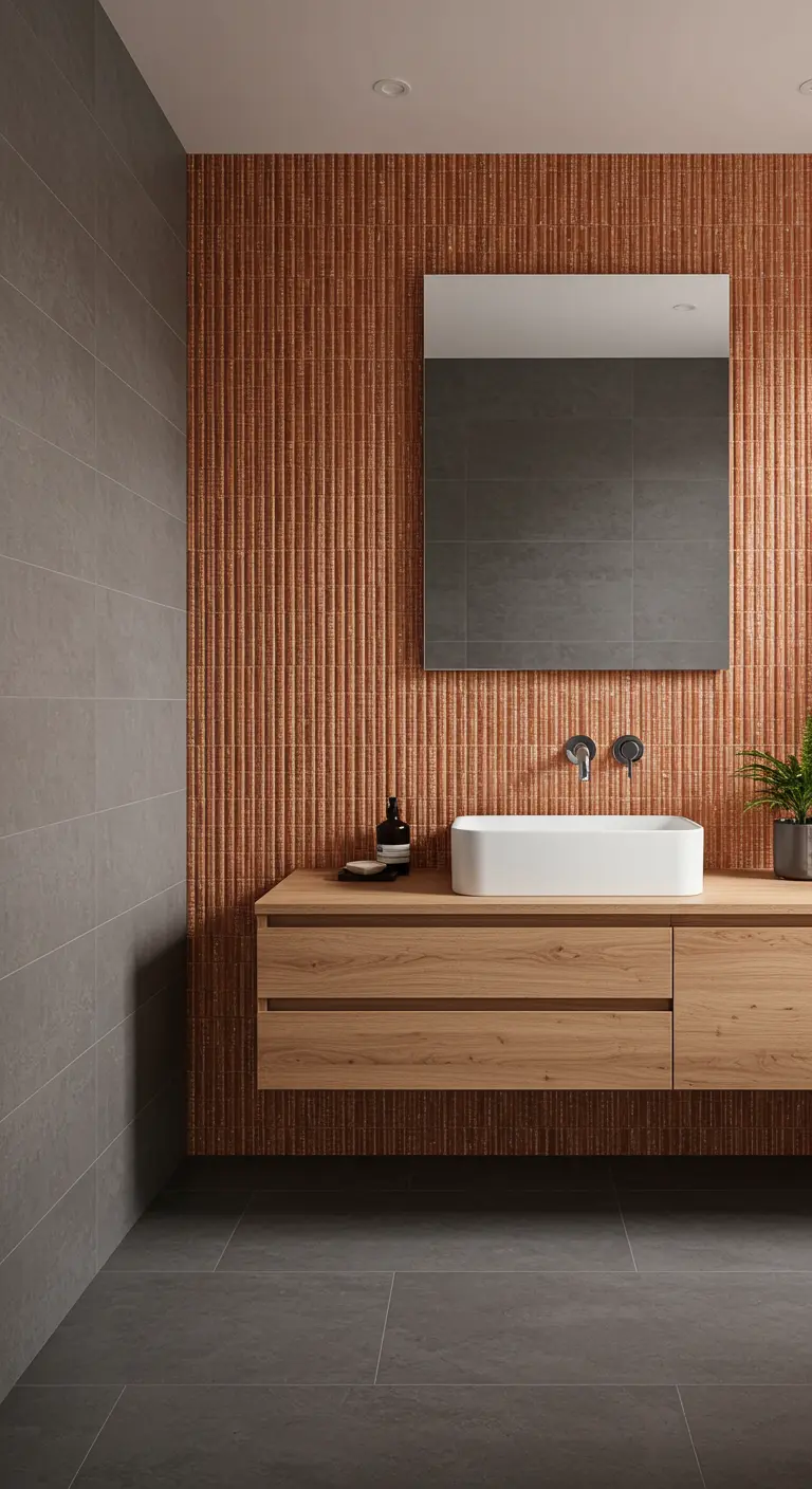 Modern bathroom with a fluted, metallic burnt orange accent wall.