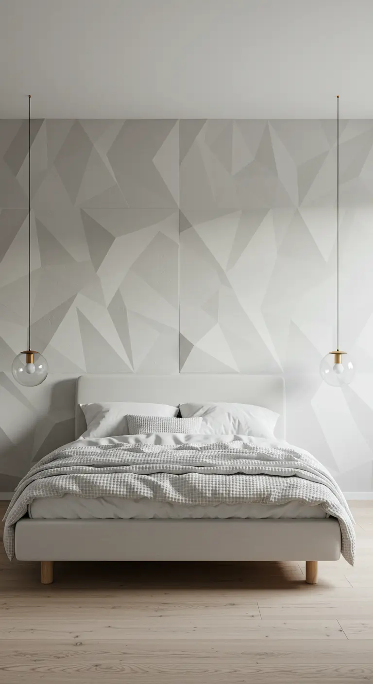 A modern white bedroom with a 3D geometric accent wall behind the bed.