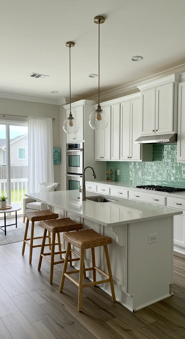 White kitchen with a glossy sea-green tile backsplash and woven stools at the island.