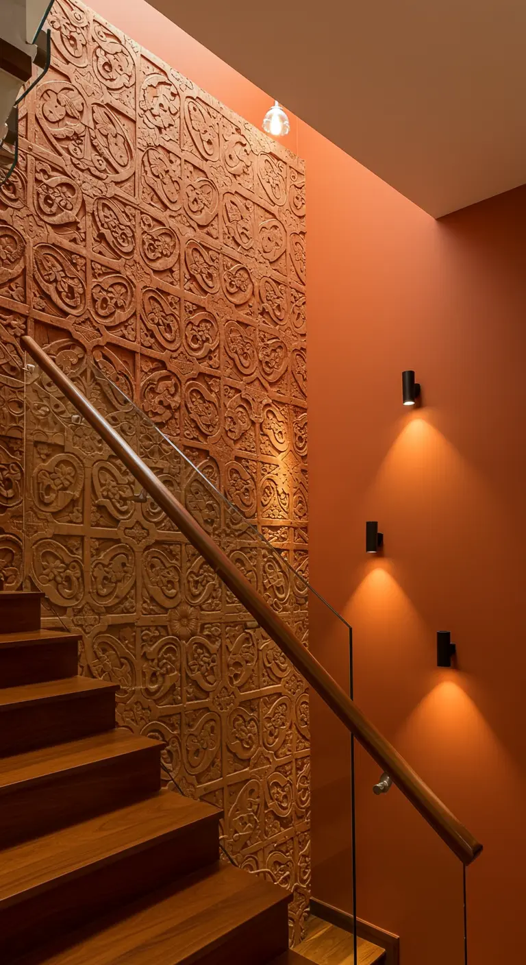 Staircase with a textured, carved accent wall in a warm terracotta color.