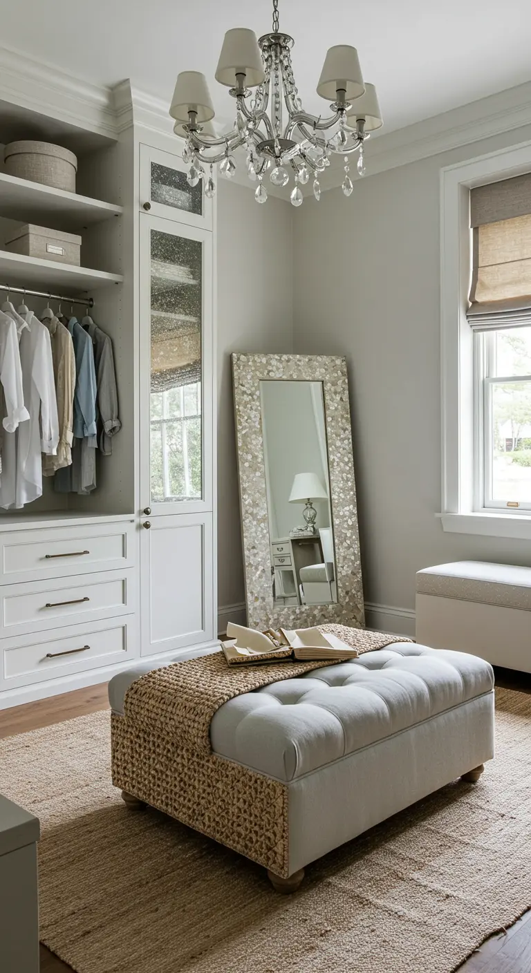 A walk-in closet featuring a large floor mirror framed with mother-of-pearl tiles.
