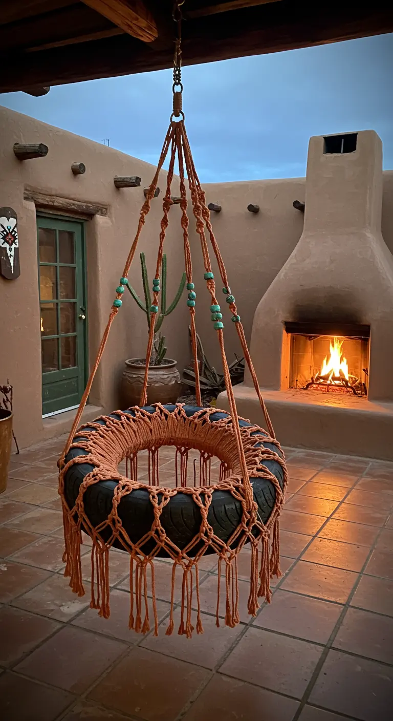 Terracotta macramé tire swing with turquoise beads by an adobe fireplace.