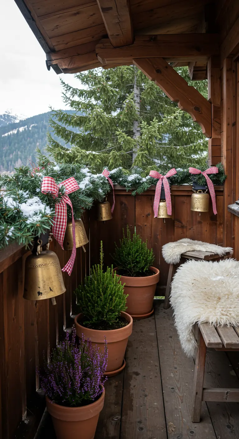 A rustic wooden balcony with a garland, brass bells, gingham ribbons, and sheepskin throw.