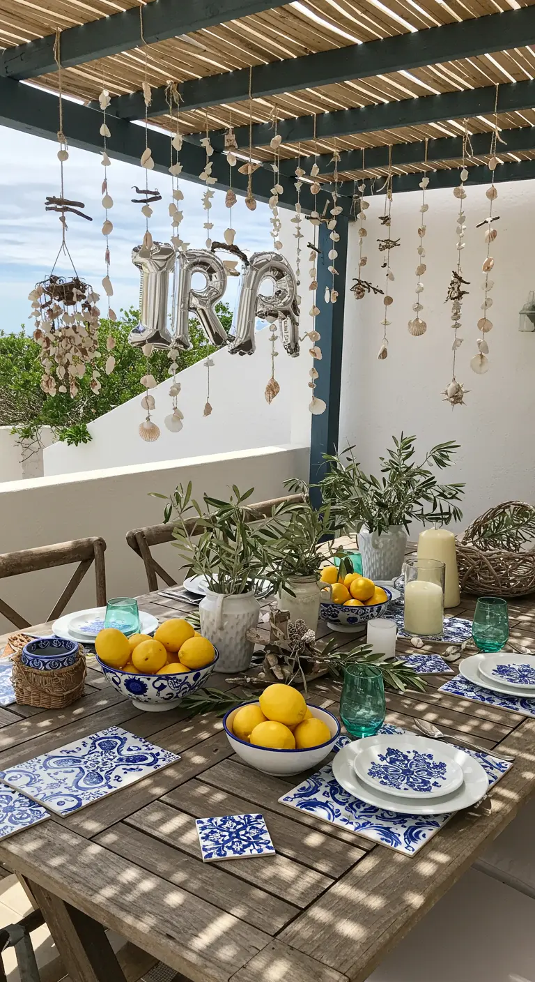 Mediterranean patio table with shell garlands and bowls of fresh lemons.