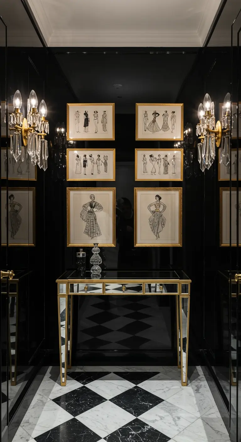 Glamorous black and gold entryway with a mirrored console, crystal sconces, and checkerboard floor.