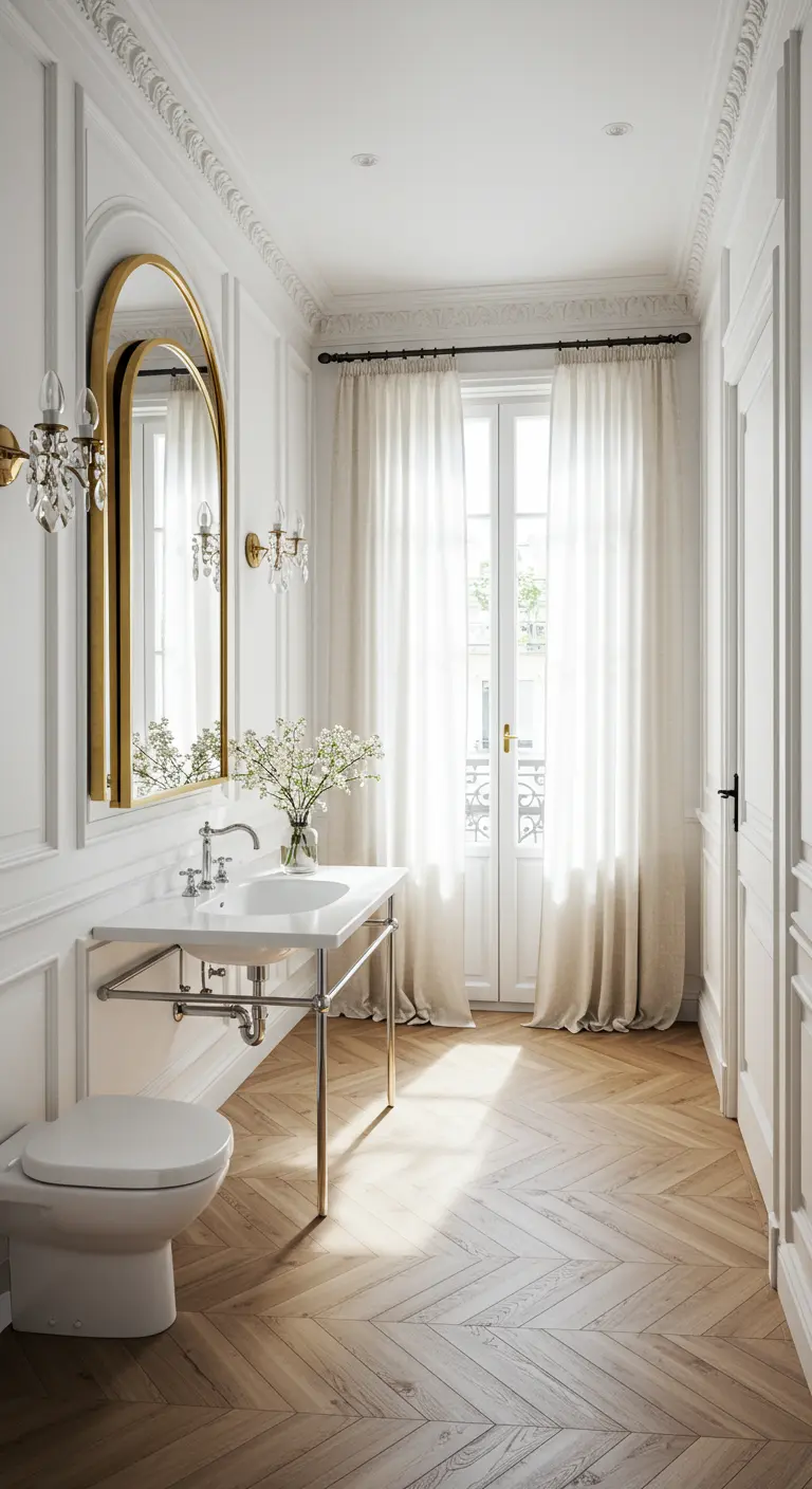 Bright white powder room with sheer curtains, a gold arched mirror, and herringbone floors.