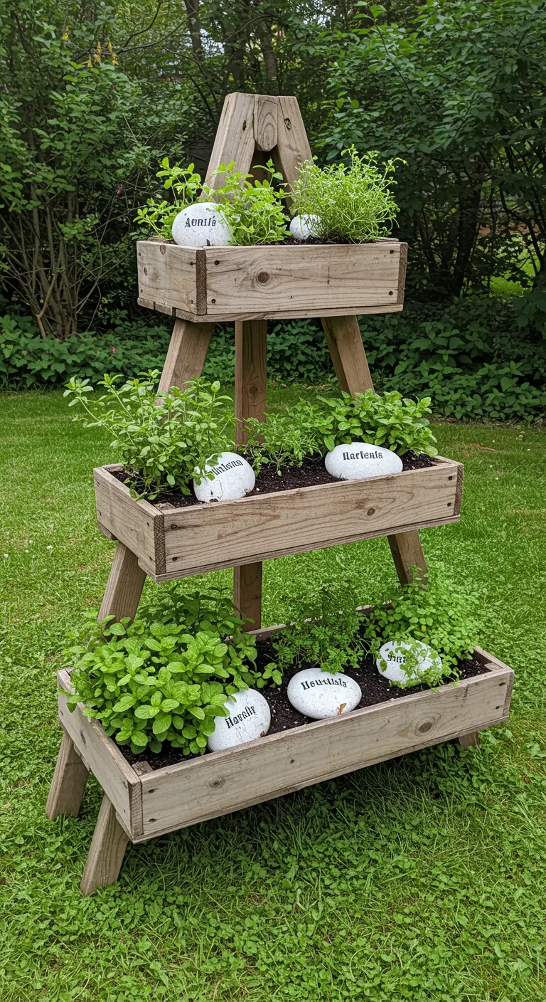 A-frame three-tiered wooden planter in a garden, with herbs marked by painted white stones.
