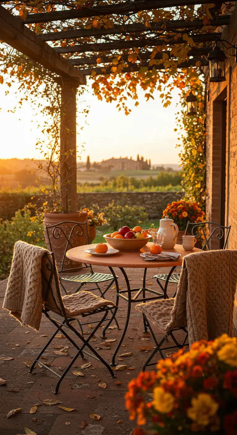 Terra cotta table on a patio in autumn, with knit throws on chairs and fall foliage.