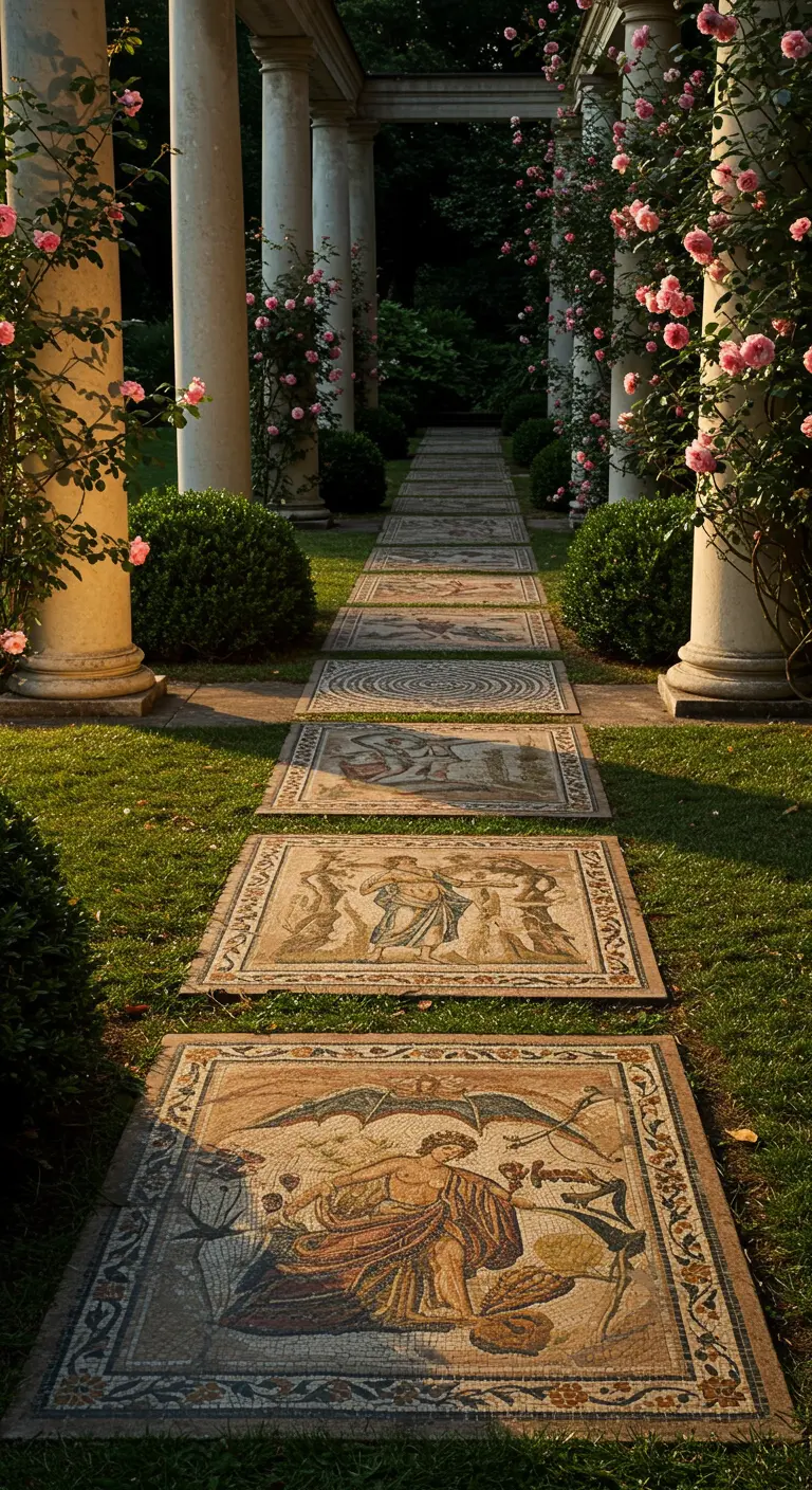 A formal garden path with large, intricate Greco-Roman style mosaic panels.