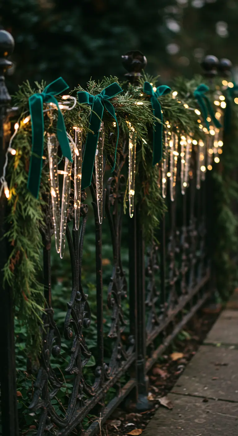 An ornate black wrought iron fence decorated with a cedar garland, icicle lights, and green velvet bows.