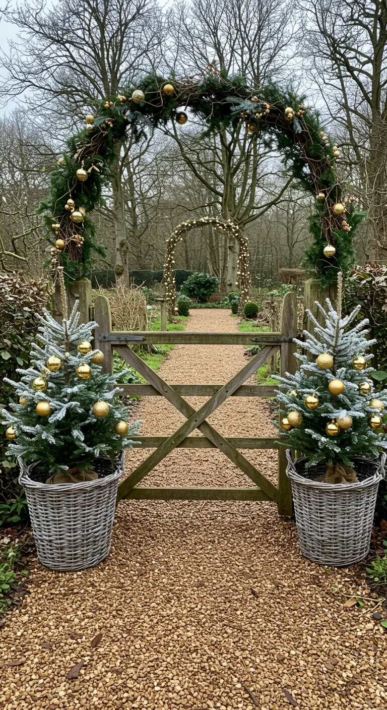 Two potted mini Christmas trees in baskets flanking a garden gate with a garland arch.