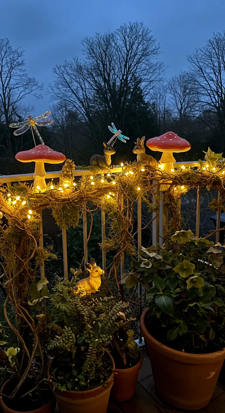 A balcony railing decorated with vines, moss, fairy lights, and woodland figures.