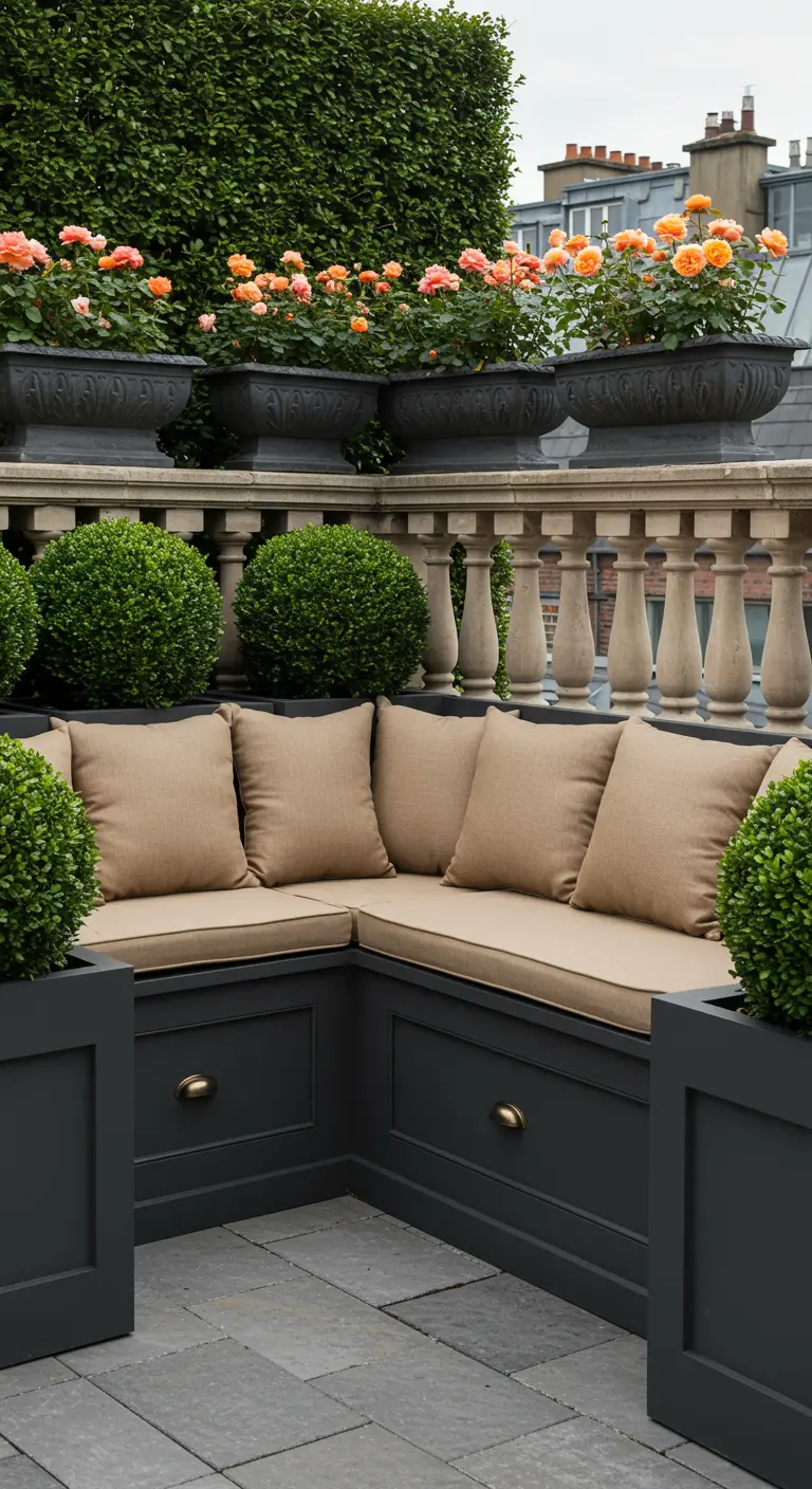 Elegant rooftop terrace with dark grey built-in seating, boxwoods, and peach roses in urns.
