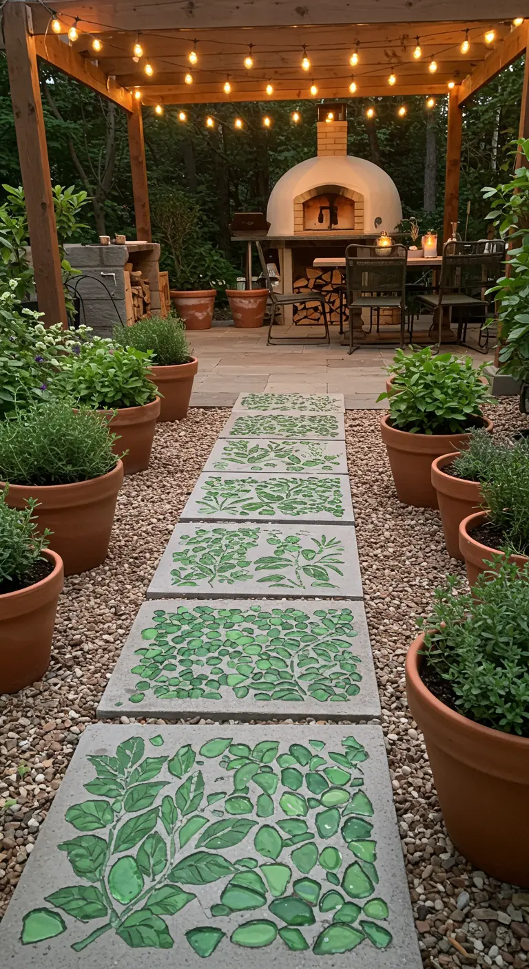 Concrete pavers with mosaic silhouettes of herbs made from green sea glass.