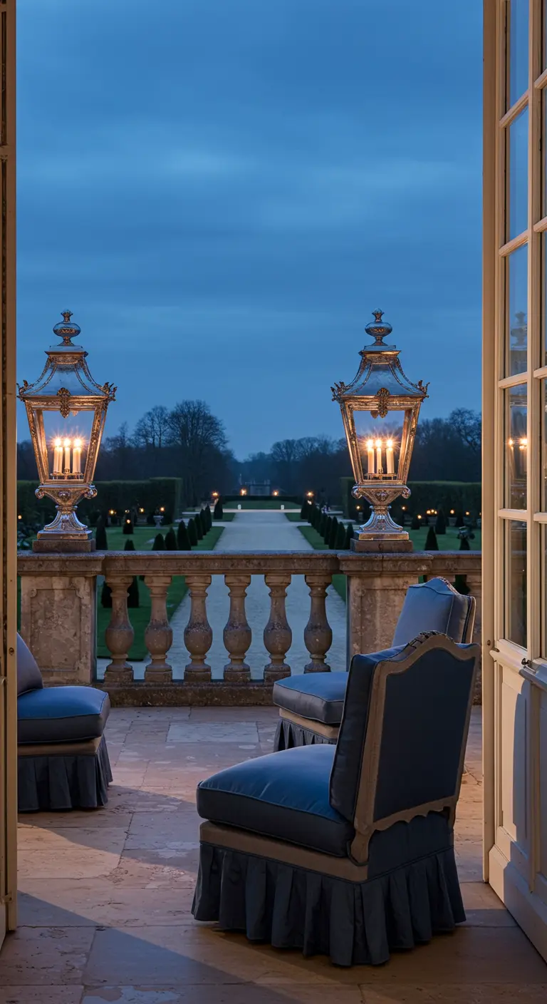 Grand stone terrace with ornate silver lanterns and blue upholstered chairs.