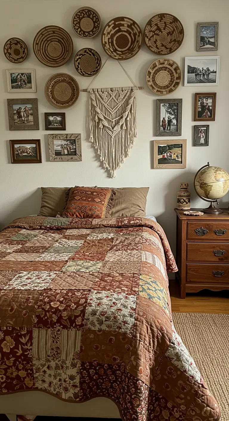 A gallery wall featuring a macramé piece surrounded by woven baskets and framed photos.