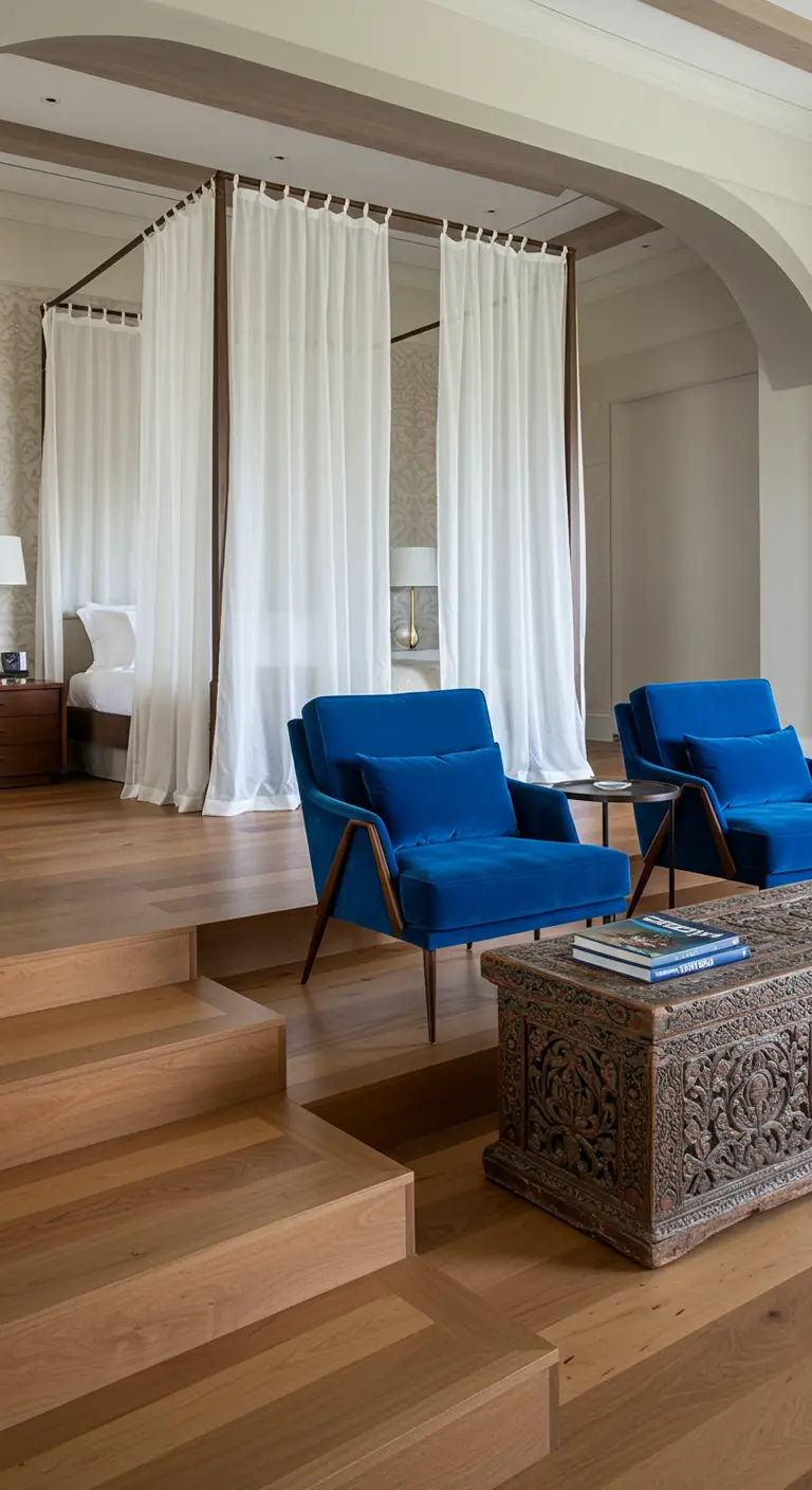 A sitting area in a bedroom with two blue armchairs and a large, carved wooden chest.