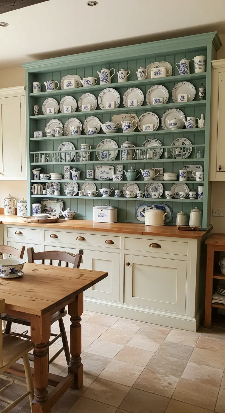 Large, freestanding Welsh dresser painted teal in a country kitchen with a dining table.