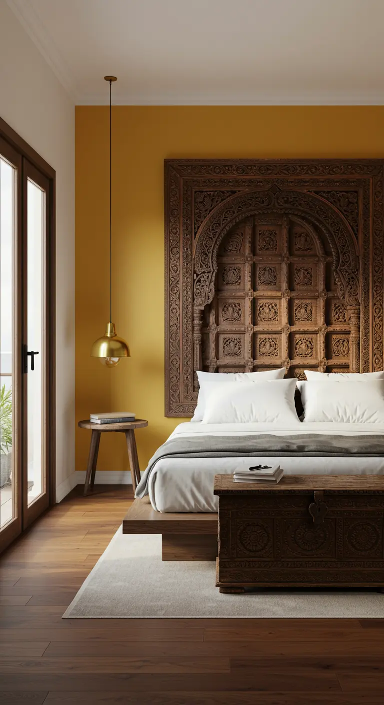 Bedroom with a mustard yellow wall and an enormous intricately carved dark wood headboard.