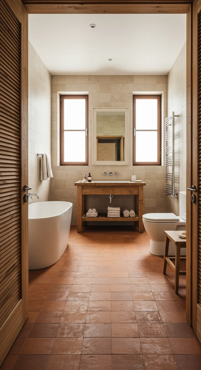 Symmetrical bathroom with a wood vanity centered between two windows and flanked by louvered doors.