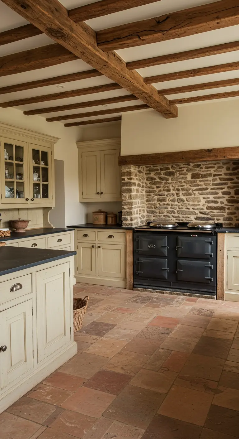 Rustic country kitchen with a prominent stone wall and black range cooker.