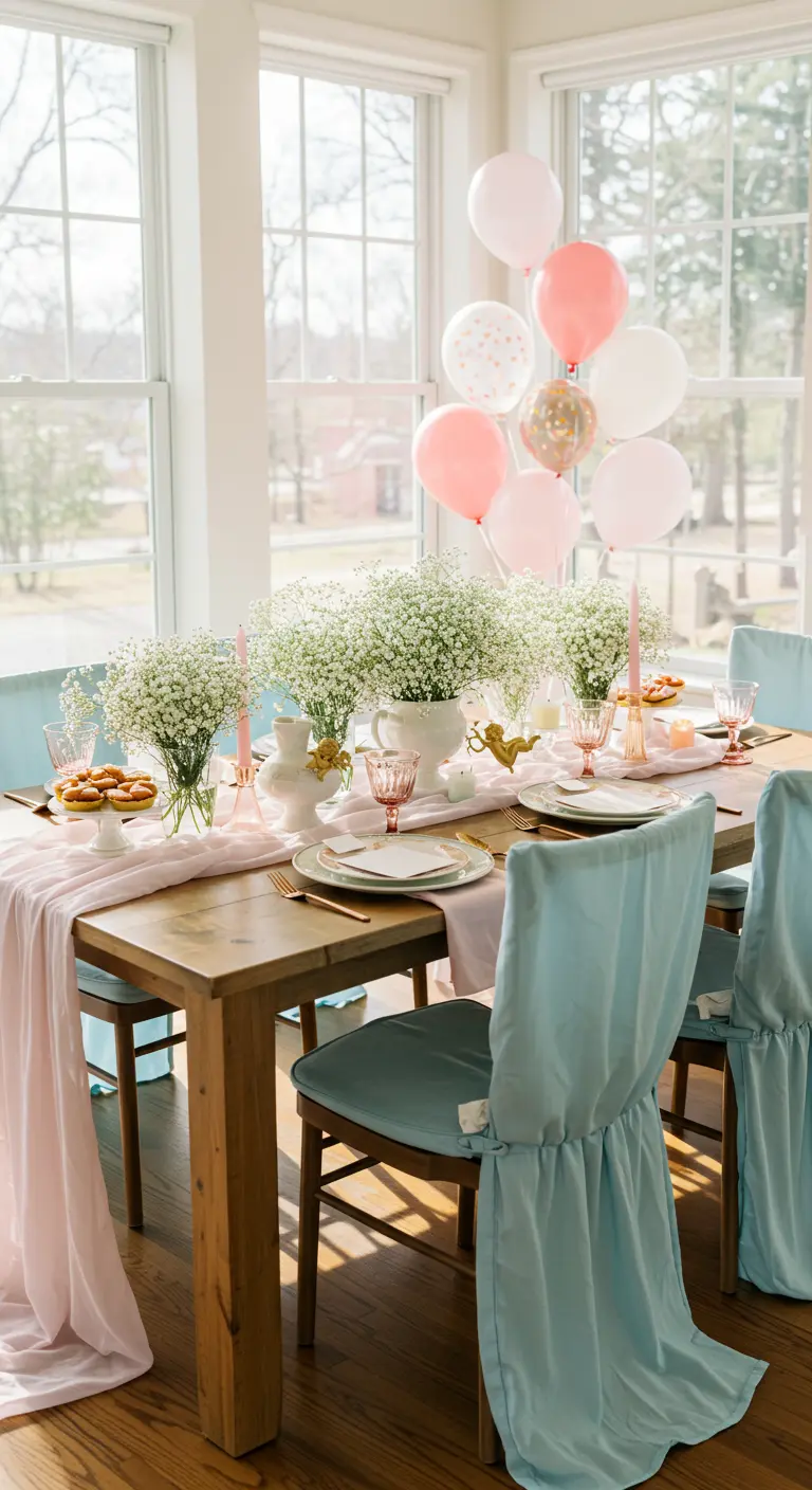 Valentine's table with baby's breath, pink runner, blue chair covers, and balloons.