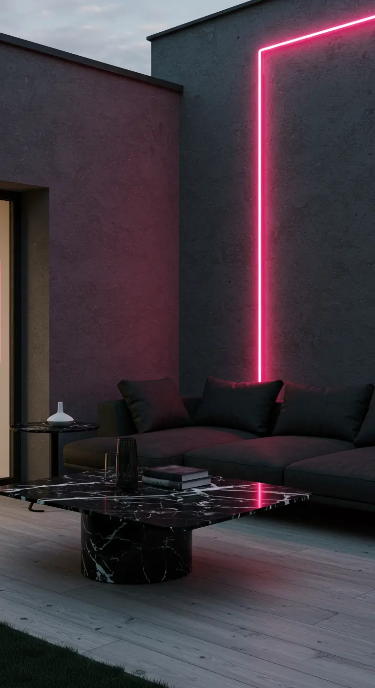 A modern house with a dark exterior, highlighted by a bold pink neon light line at the corner.