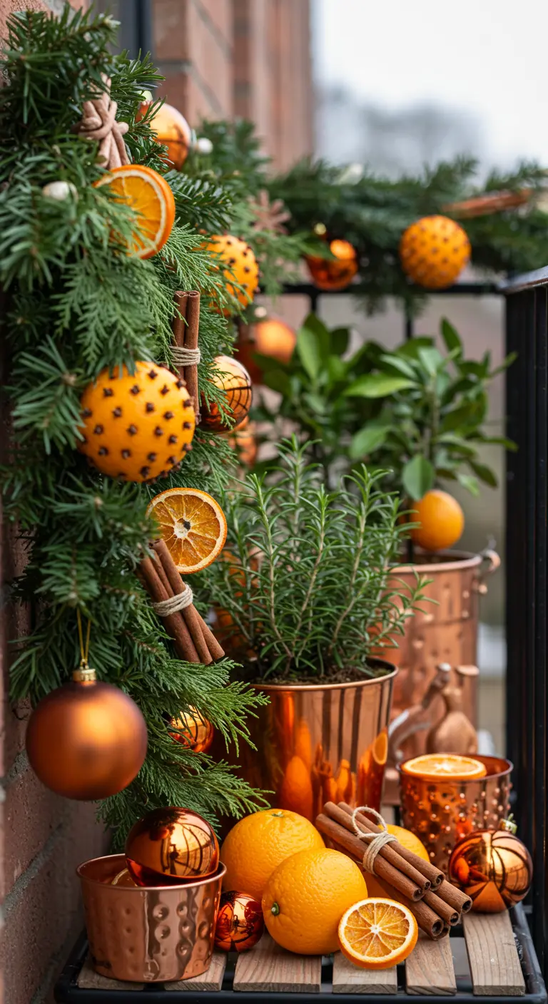 A holiday balcony overflowing with oranges, cinnamon, copper pots, and evergreen garlands.