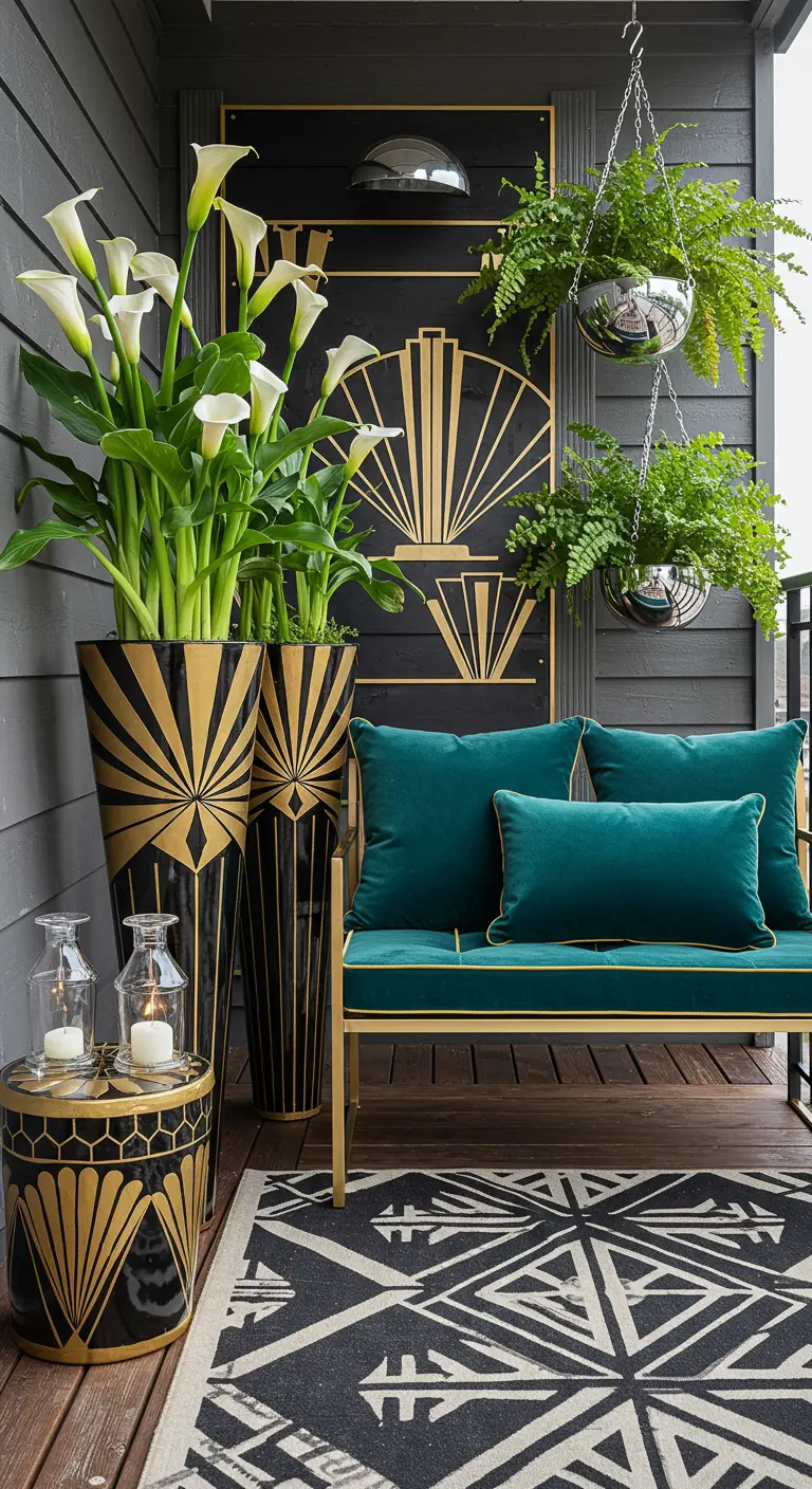 An elegant Art Deco-style balcony with black and gold patterned planters and teal velvet cushions.