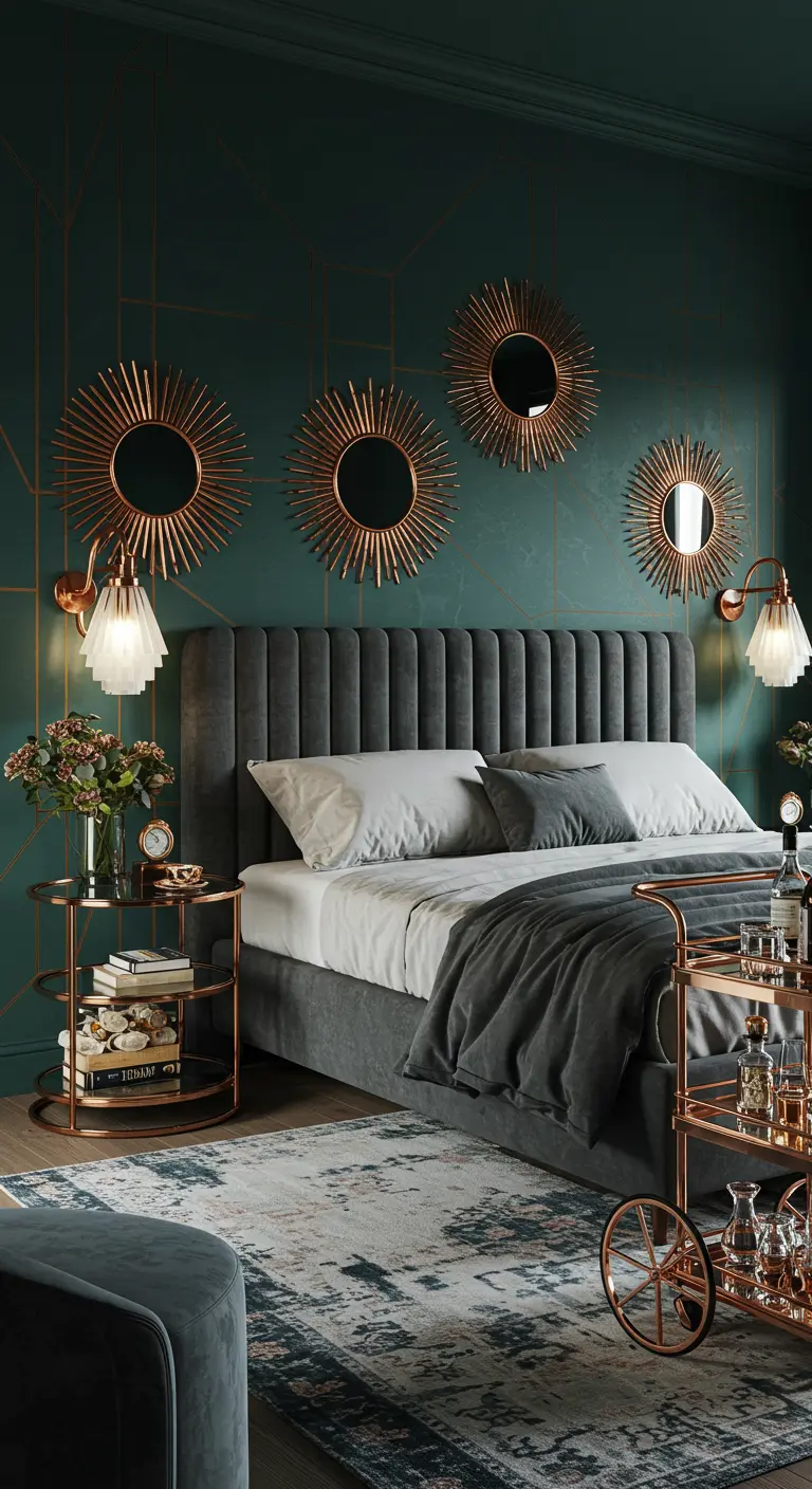 Art Deco-style bedroom with a grey tufted headboard, copper sunburst mirrors, and a bar cart.