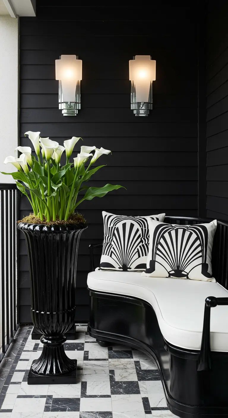 Art Deco-inspired balcony with fan-patterned pillows and calla lilies.