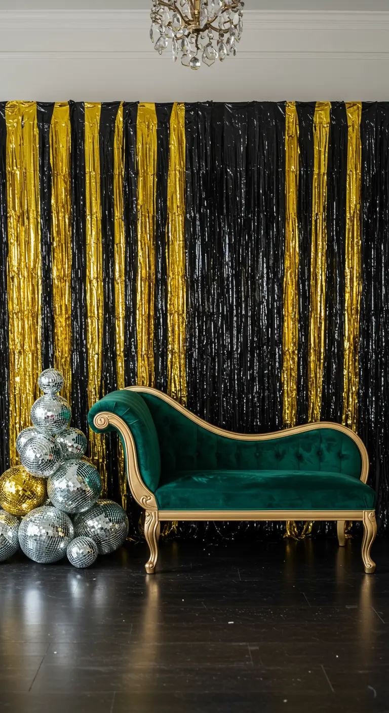A black and gold striped fringe backdrop with a green velvet chaise and a pile of disco balls.