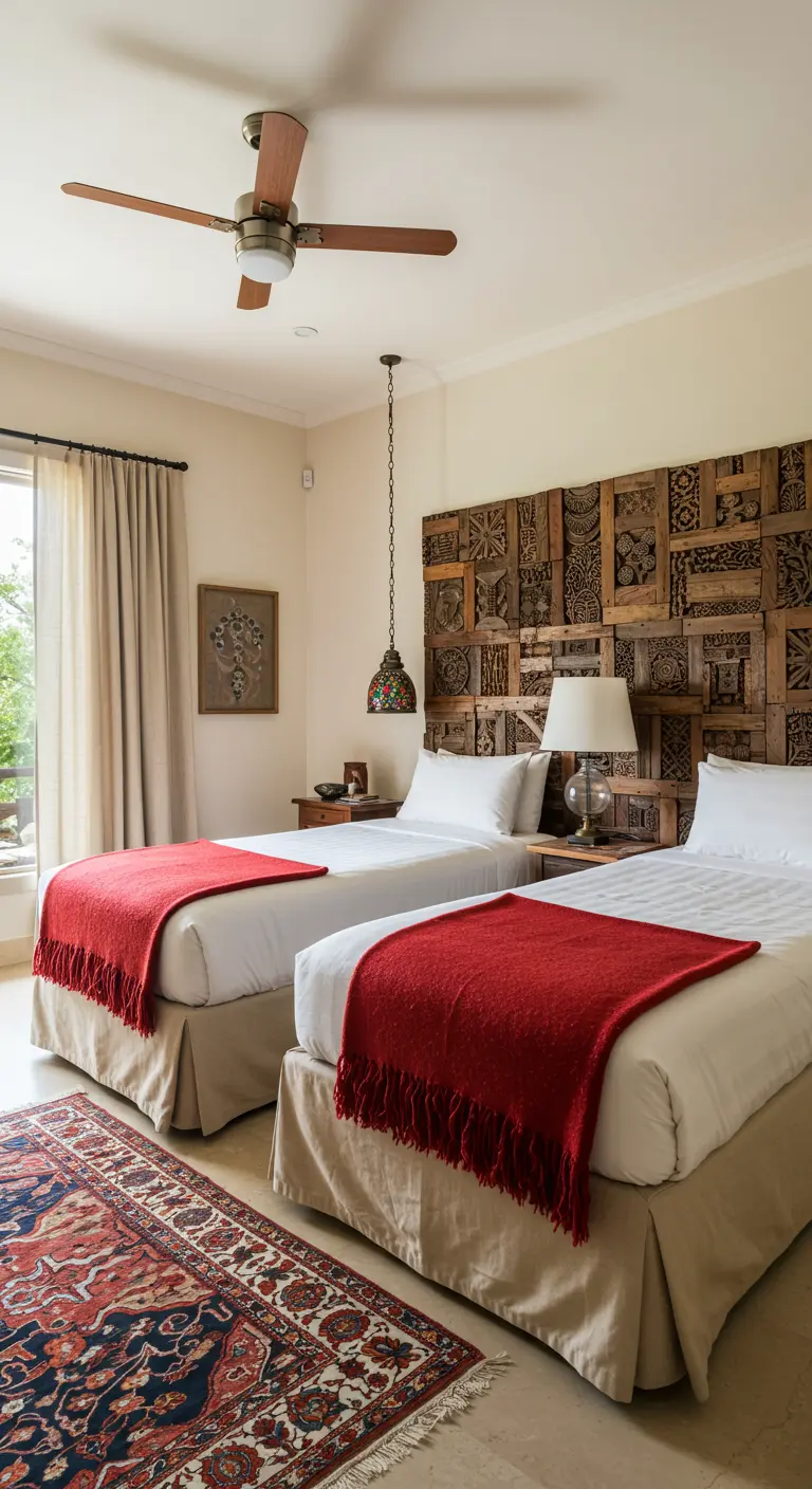 Bedroom with two twin beds against a headboard wall made of various carved wood blocks.