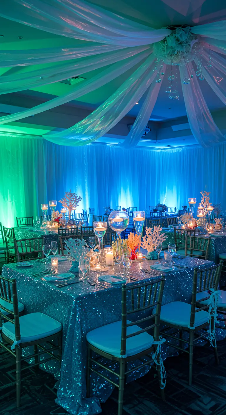 Under-the-sea party with blue lighting, sequin tablecloths, and coral decor.